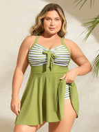 Stripes Patchwork Tie Knot Cross Straps Swim Dress