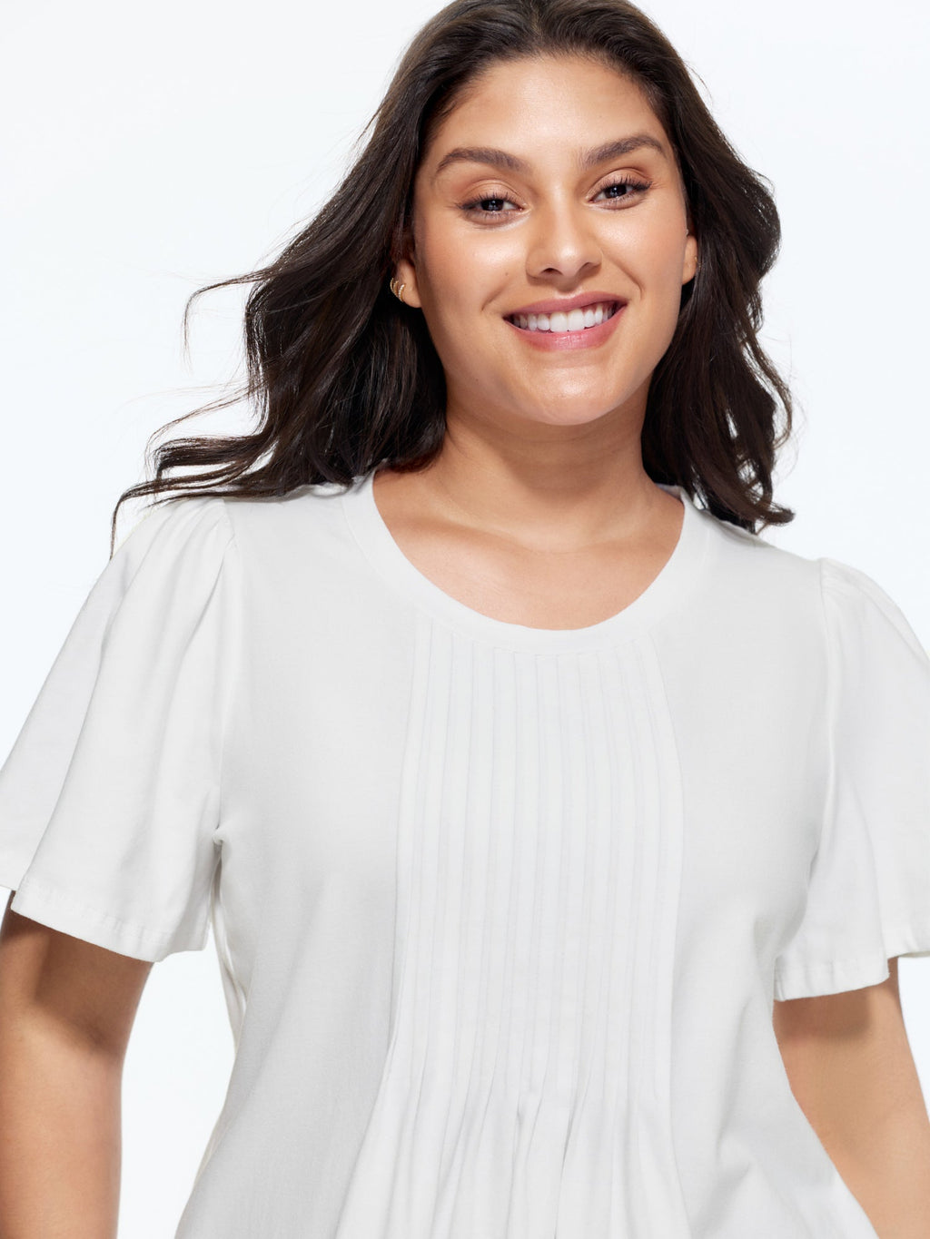 Cotton Toothpick Pleated Plain Flared Sleeve T-Shirt