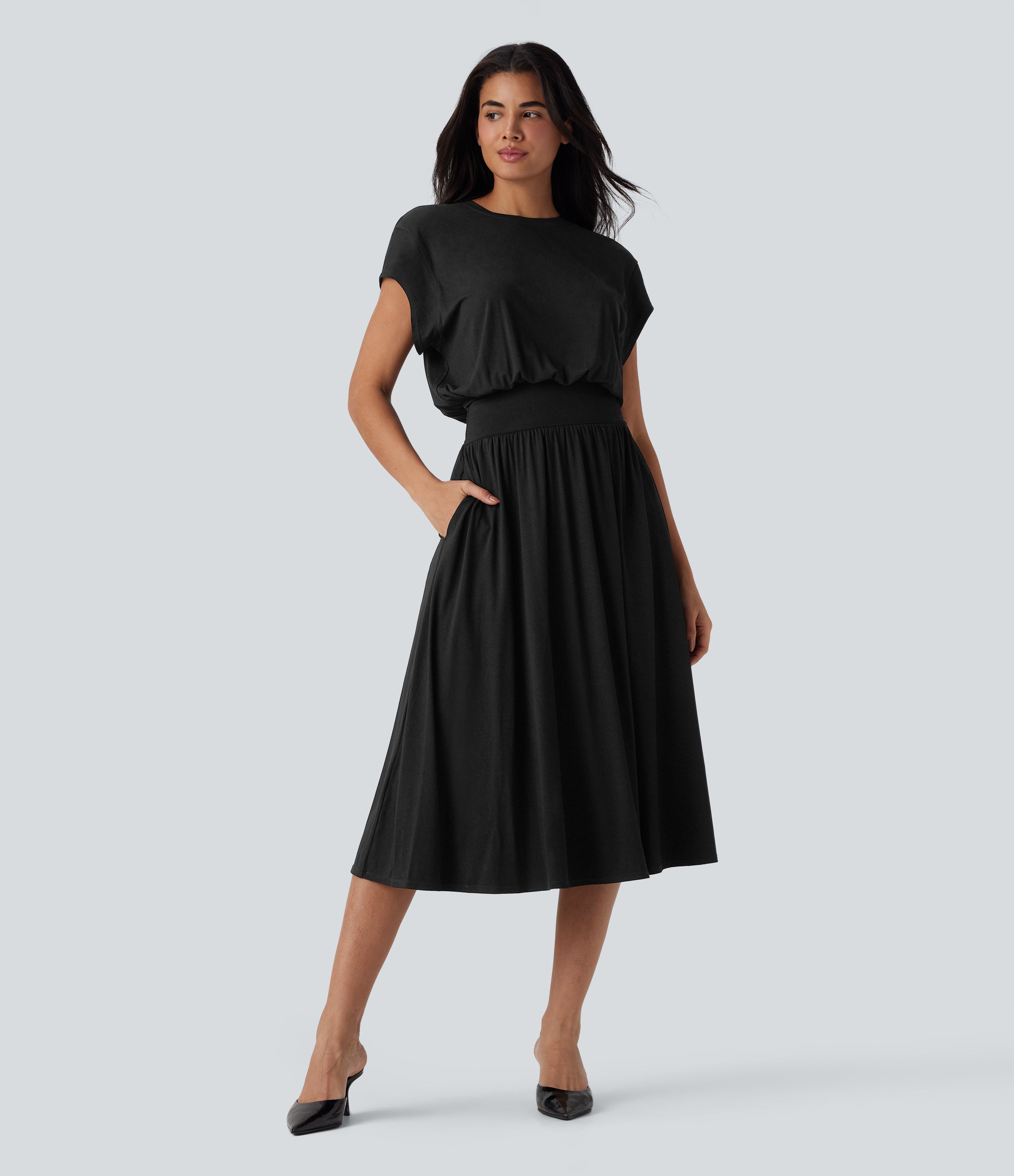 SoCinched Tummy Control Batwing Sleeve Flowy Midi Work Dress with Pockets