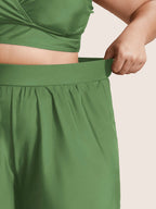 High Waisted Pockets Solid Pleated Swim Shorts
