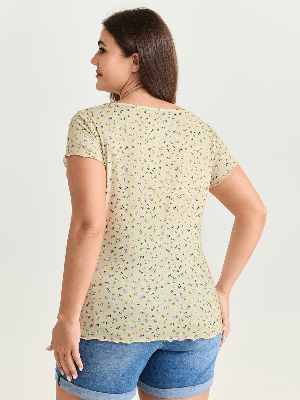 Stretchy Floral Print Square Neckline T-Shirt