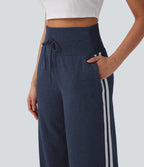 2026🔥 Ribbed SoCinched High Waisted Tummy Control Drawstring Wide Leg Color Block Casual Trousers with Pockets