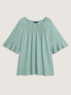 Ruffled Sleeve Shirred Neckline Plain Top