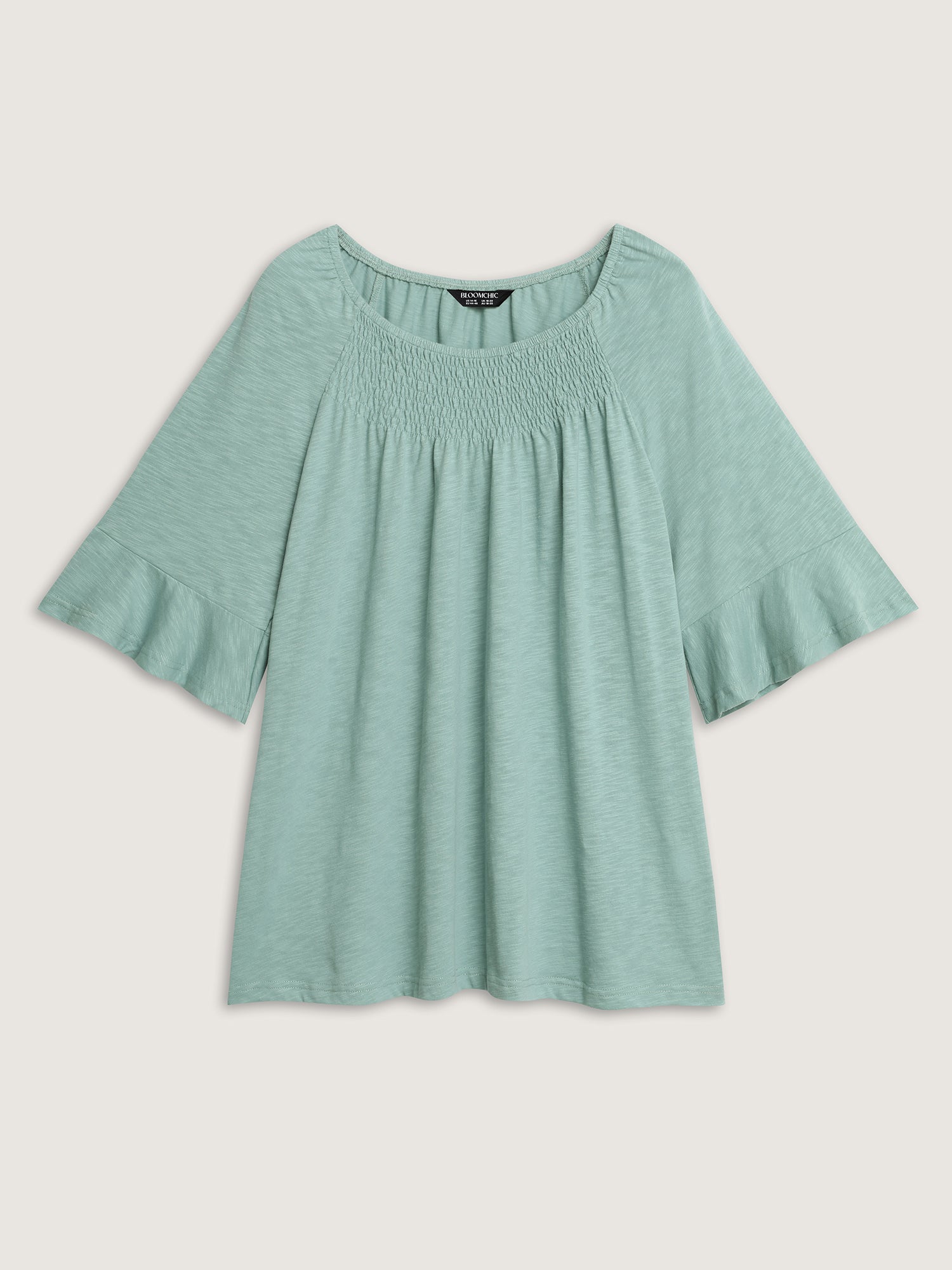 Ruffled Sleeve Shirred Neckline Plain Top