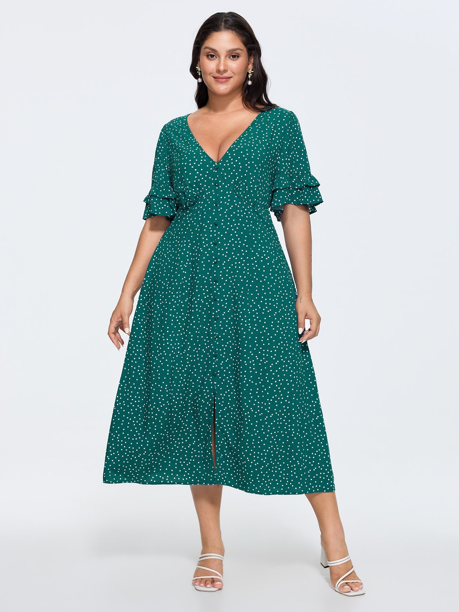 Polka Dot Print Pockets Flowy Midi Dress