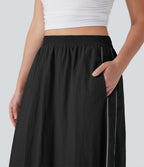 High Waisted Color Block Stripe Cinchable Hem A-line Midi Casual Skirt with Pockets