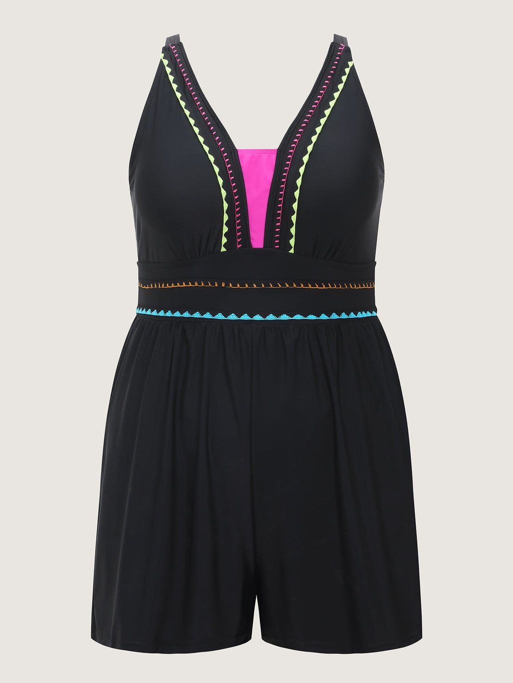 Color Contrast Embroidered One-Piece Swim