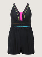 Color Contrast Embroidered One-Piece Swim