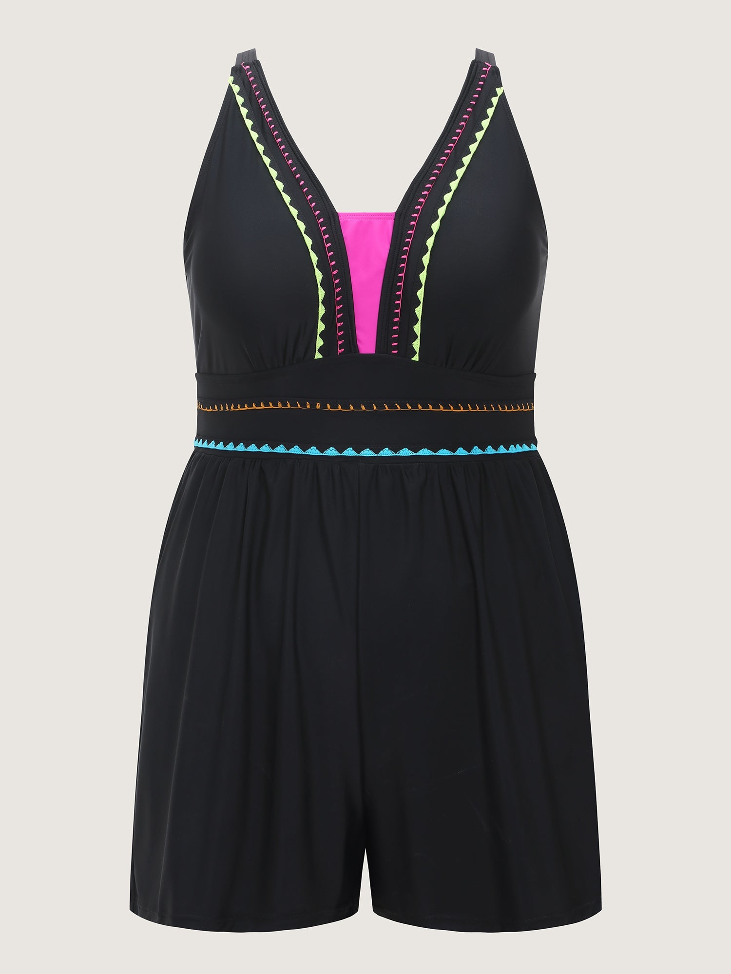 Color Contrast Embroidered One-Piece Swim