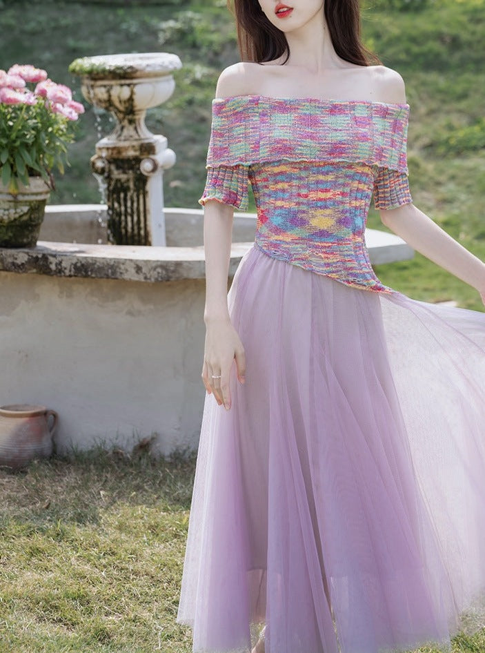 Dreamy Off Shoulder Knitted Top + Tulle Skirt 2pcs Set