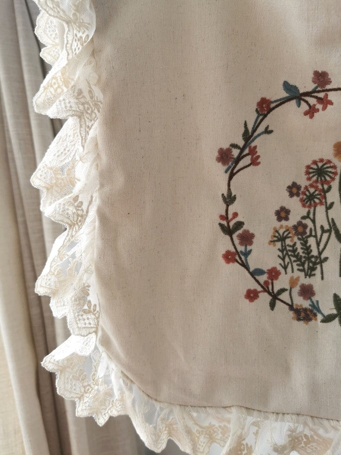 Floral Embroidered Lace Trim Linen Bag