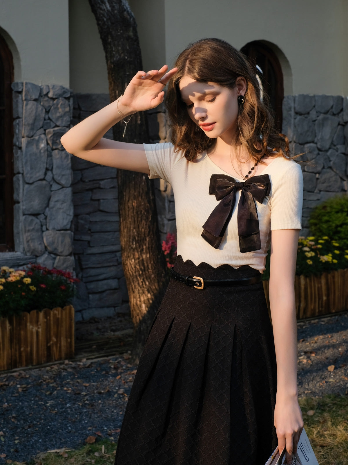 Elegant Bow Knitted T Shirt + Black A Skirt