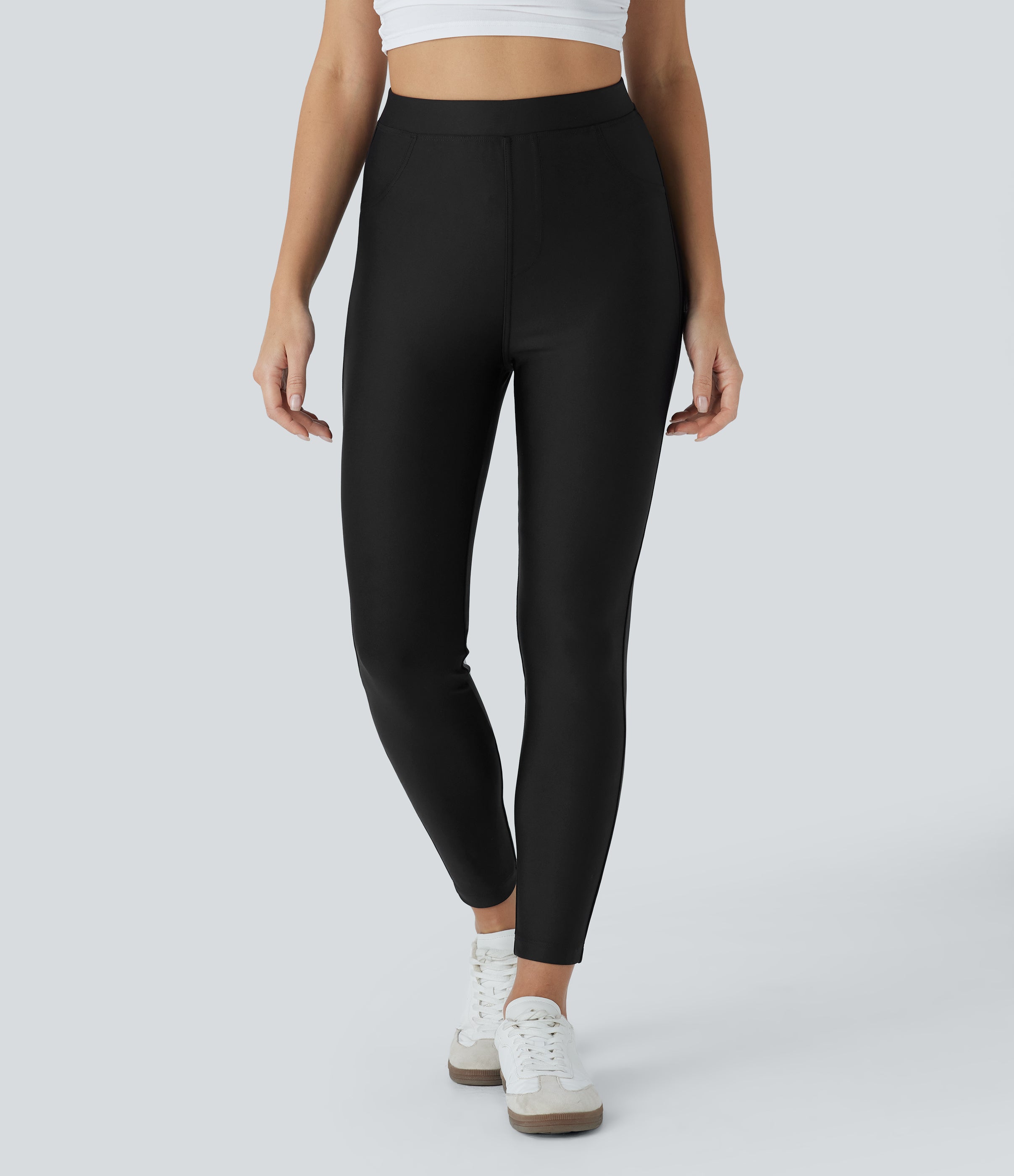 High Waisted Sheen Casual Skinny Pants with Pockets