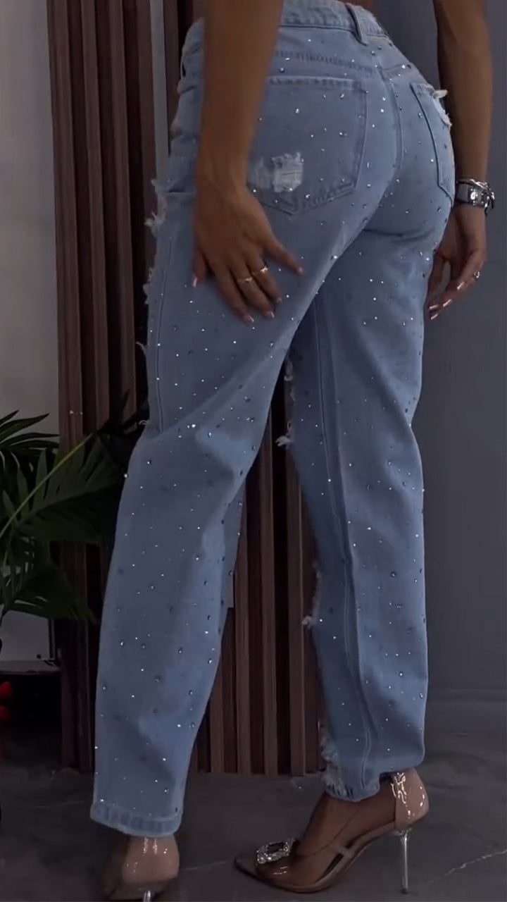 Women Hot Diamond Scratch Mark Hollow Casual Jeans