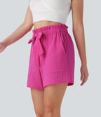 Paper Bag High Waisted Tie Front Casual Cotton Shorts with Pockets