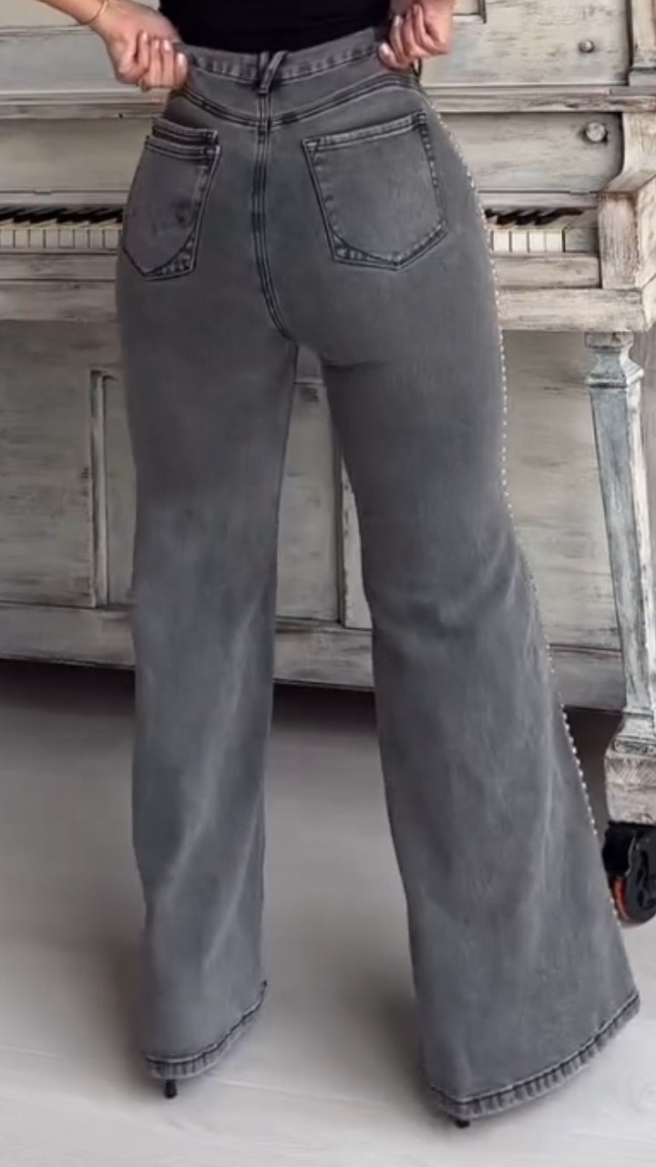 Womens Washing Side Pearl Casual Stretch Jeans