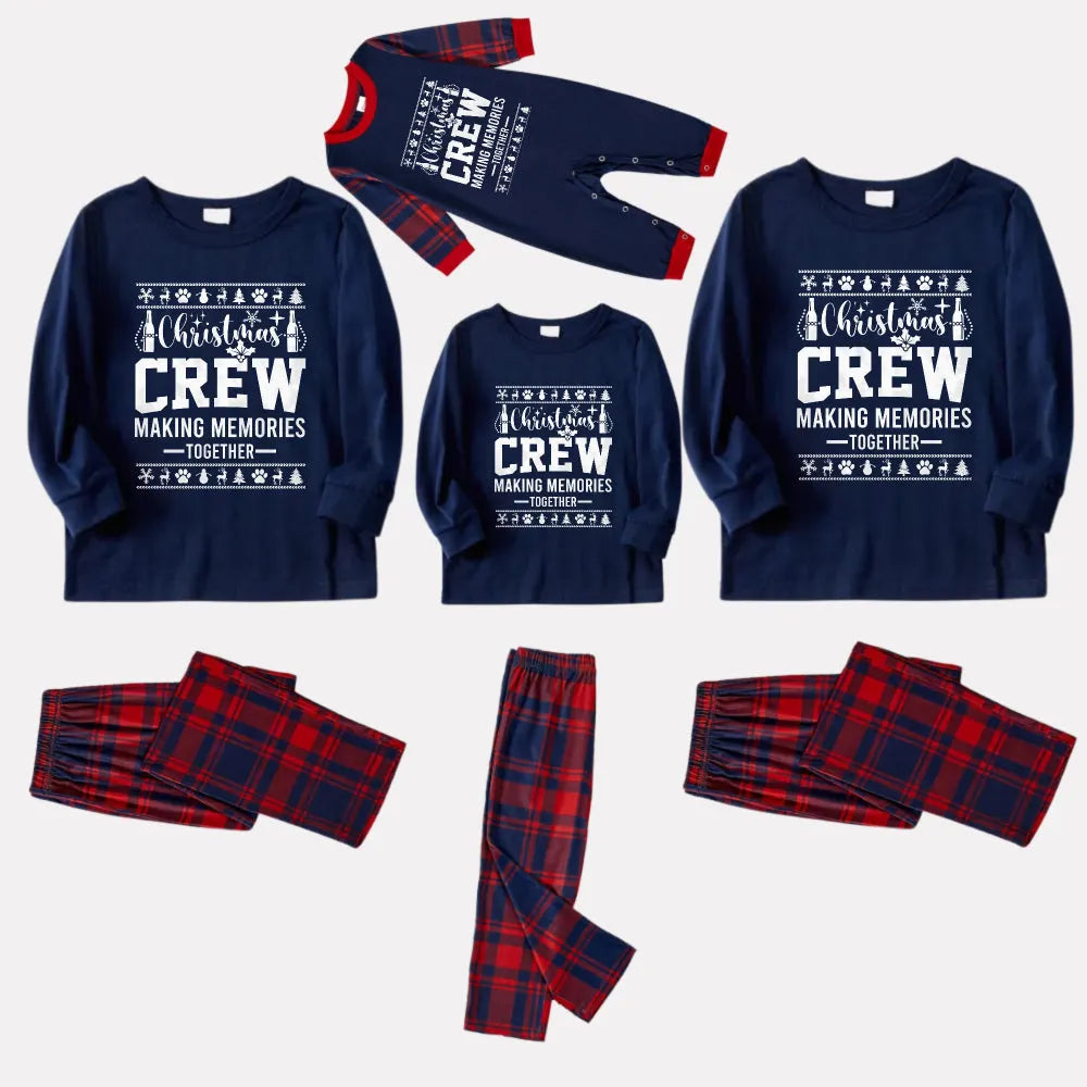 Christmas Family Matching Pajamas-Navy & Red Plaid Pjs Set with "Christmas Crew Making Memories Together" and Christmas Pattern Print