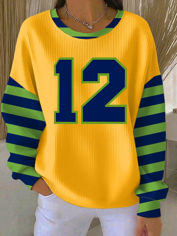 Women's Rugby Print Knit Crew Neck Long Sleeve Top
