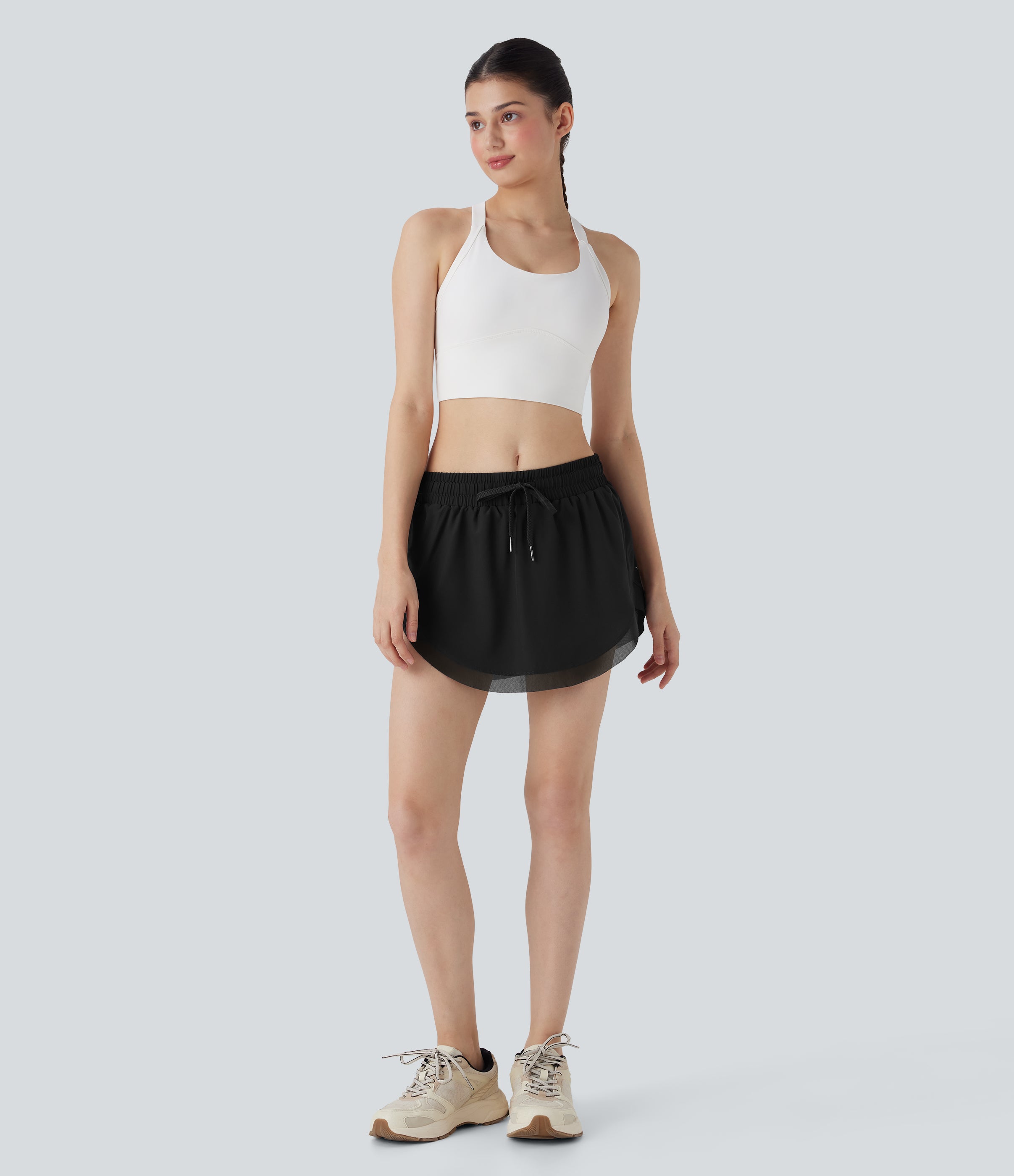 Mid Rise Drawstring 2-in-1 Contrast Mesh Mini Tennis Skirt with Pockets