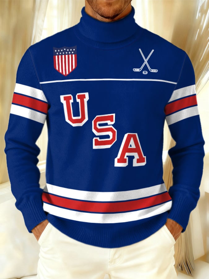 Retro Men's Usa Ice Hockey Print Turtleneck Sweater