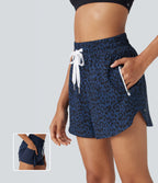 High Waisted Drawstring Curved Hem Leopard Print 2-in-1 Workout Shorts with Pockets