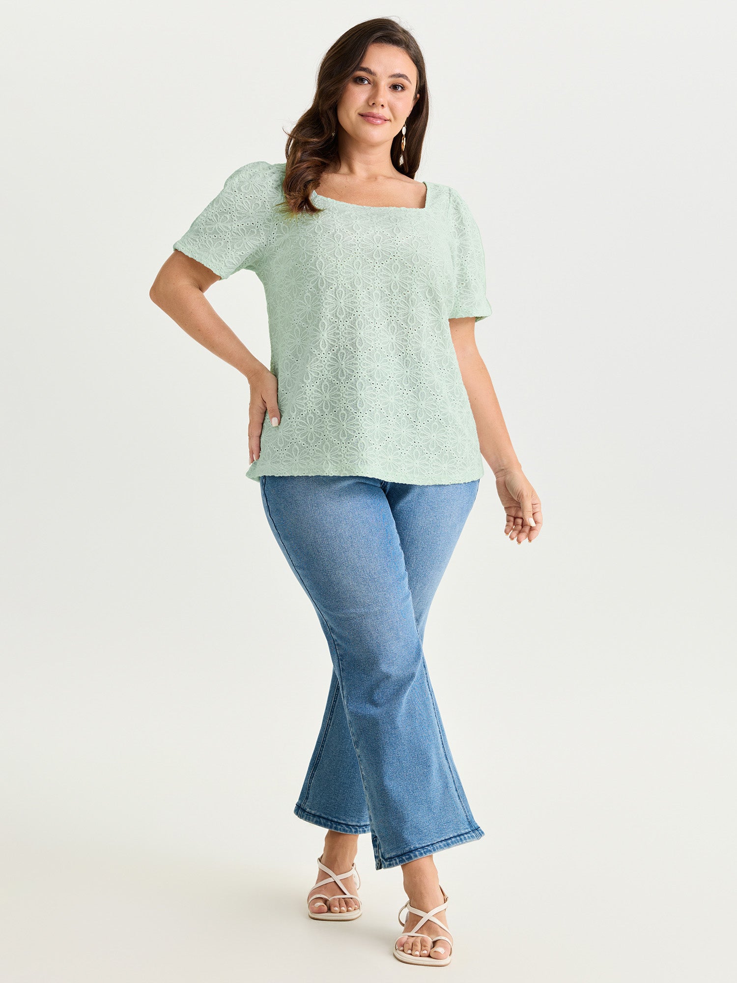 Textured Button Detail Square Neckline Knit Top