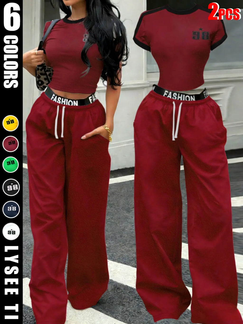 Hot-girl Style Contrast Binding Short Top and Letter Tape Wide Leg Pants, Women's Black & White Two-piece Set
