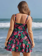 Vibrant Tropical Floral Print Pockets Swim Dress