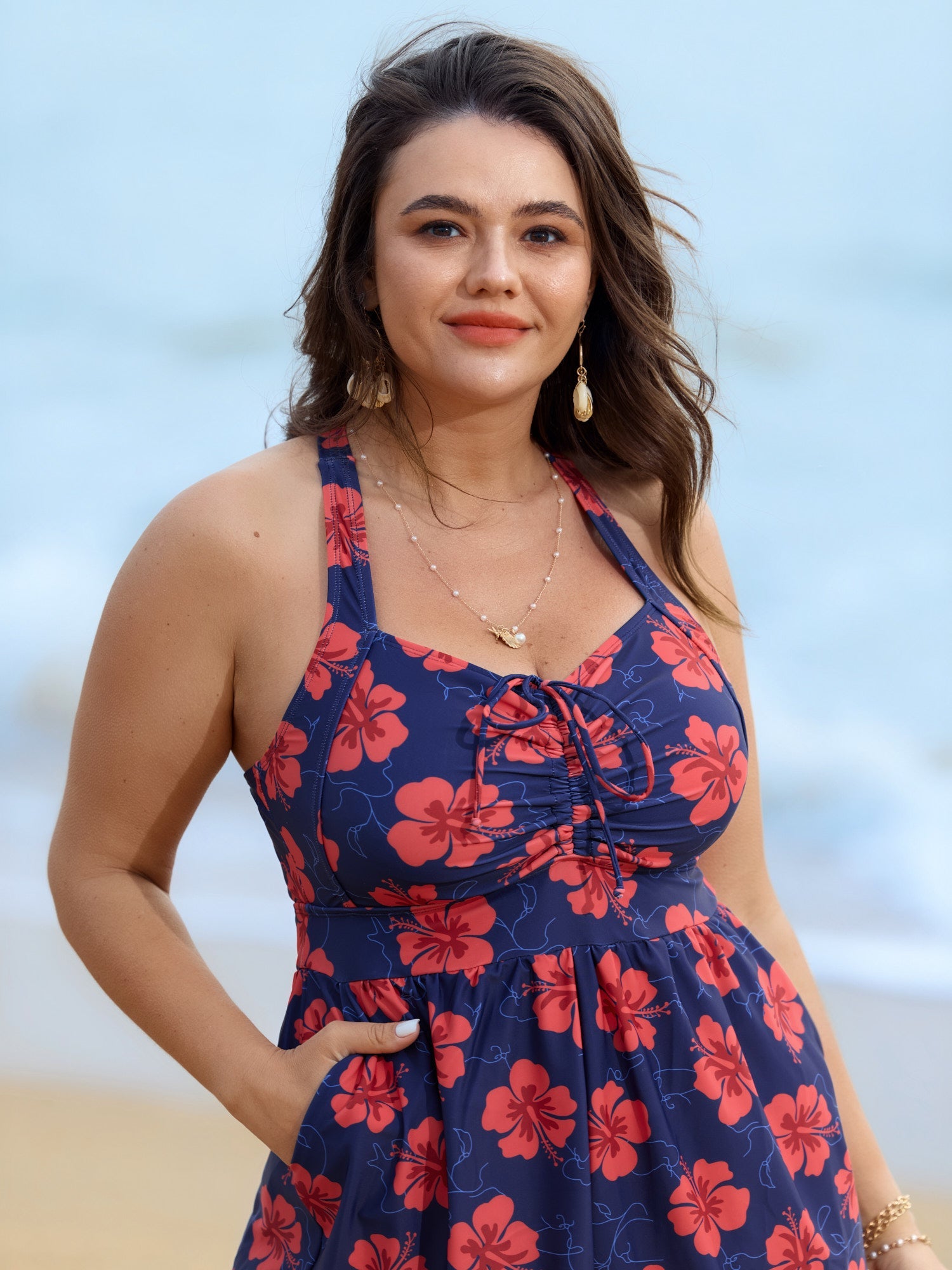 Bright Floral Print Shirred Pockets One Piece Swimsuit