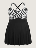 Striped Contrast Twist Front Swim Dress