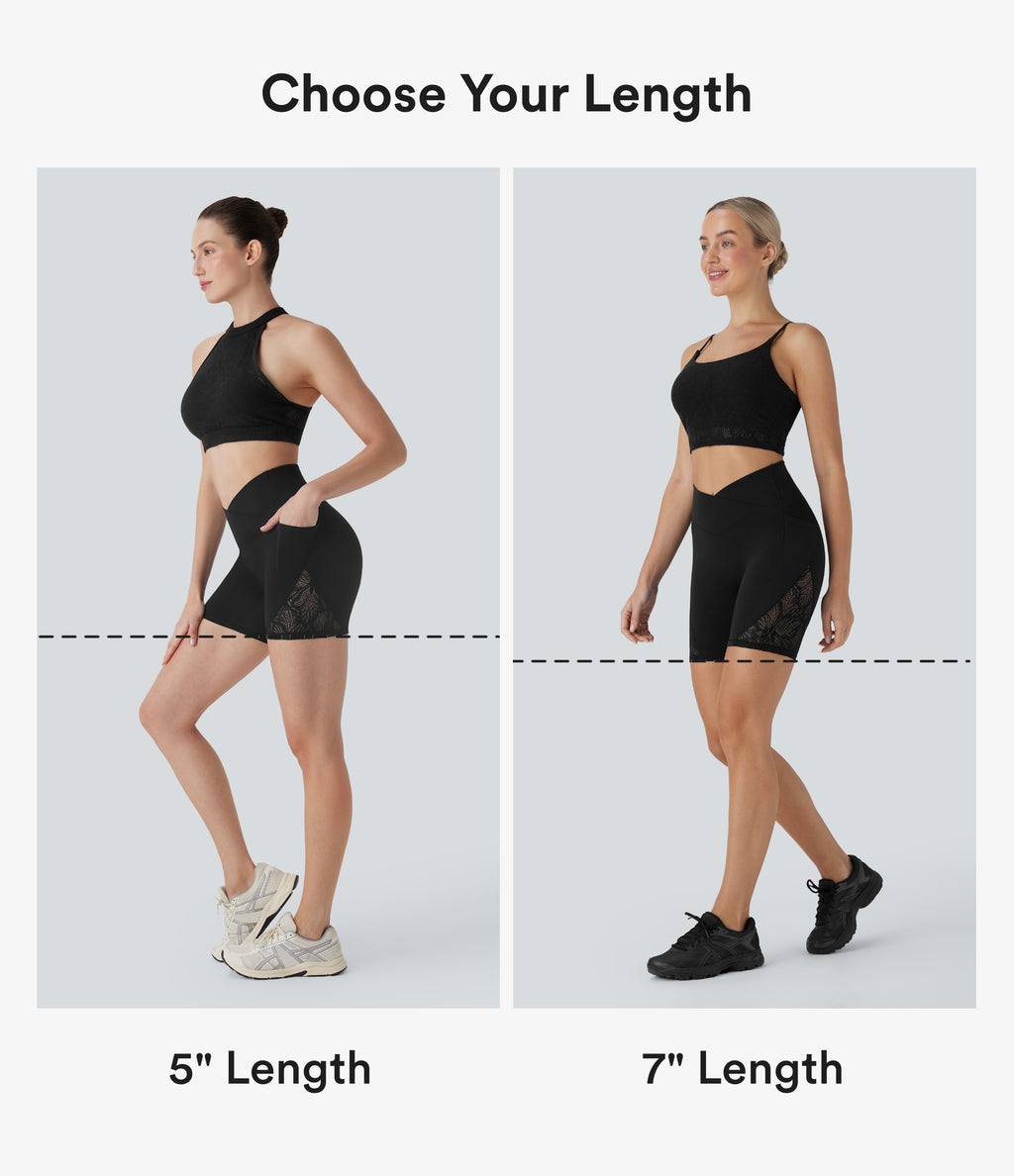 SoftlyzeroTM High Waisted Crossover Contrast Lace Yoga Biker Shorts 7'' with Pockets-UPF50+