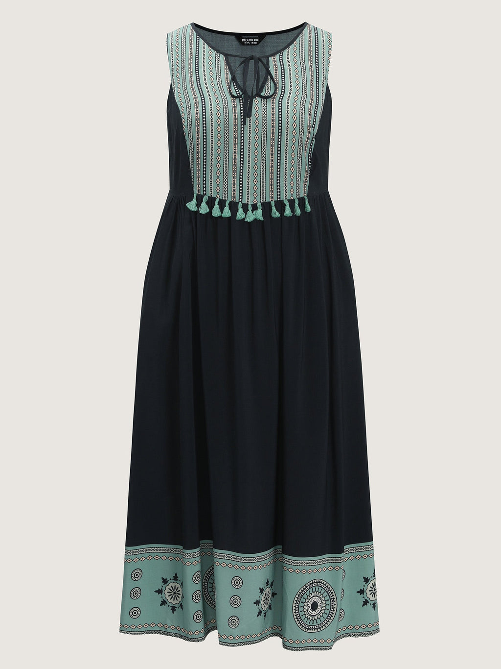 Color Contrast Floral Hem Sleeveless Midi Dress