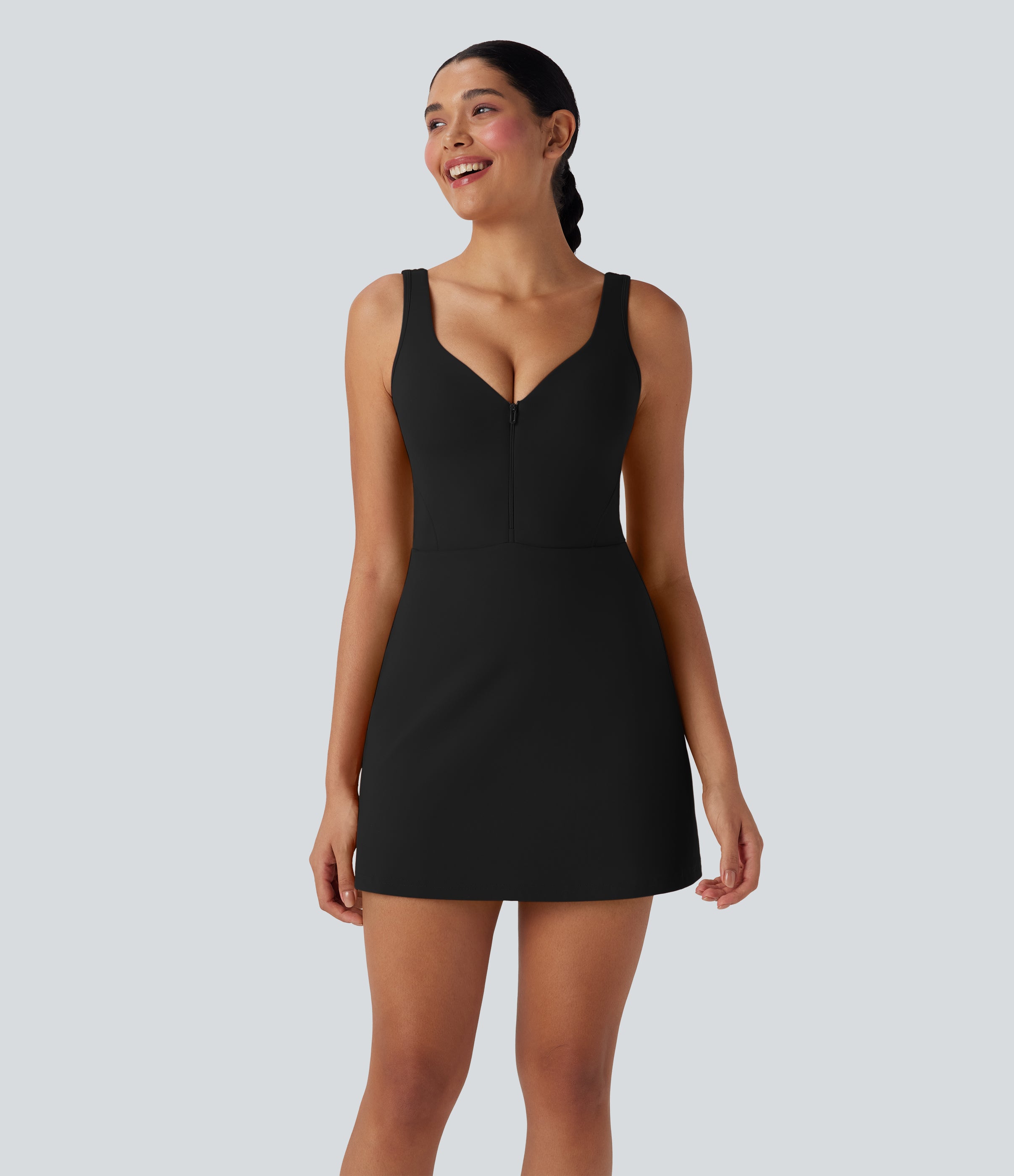SoftlyZeroTM Plush Push-Up Molded Cups Zipper 2-in-1 Yoga Active Dress with Pockets-Easy Peezy