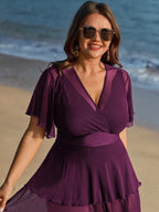 Sheer Ruffled Sleeve Layered Swim Dress