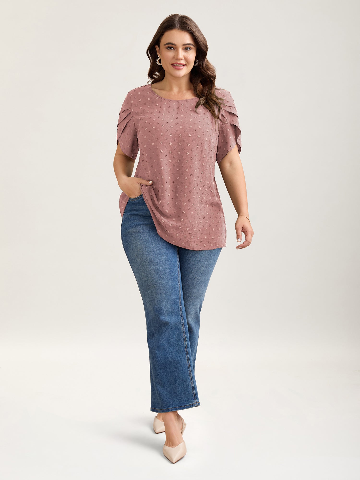 Textured Color Contrast Petal Sleeve Blouse
