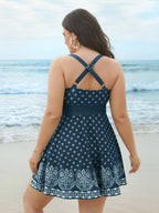 Boho Print Waist-Tie Surplice Neck Swim Dress