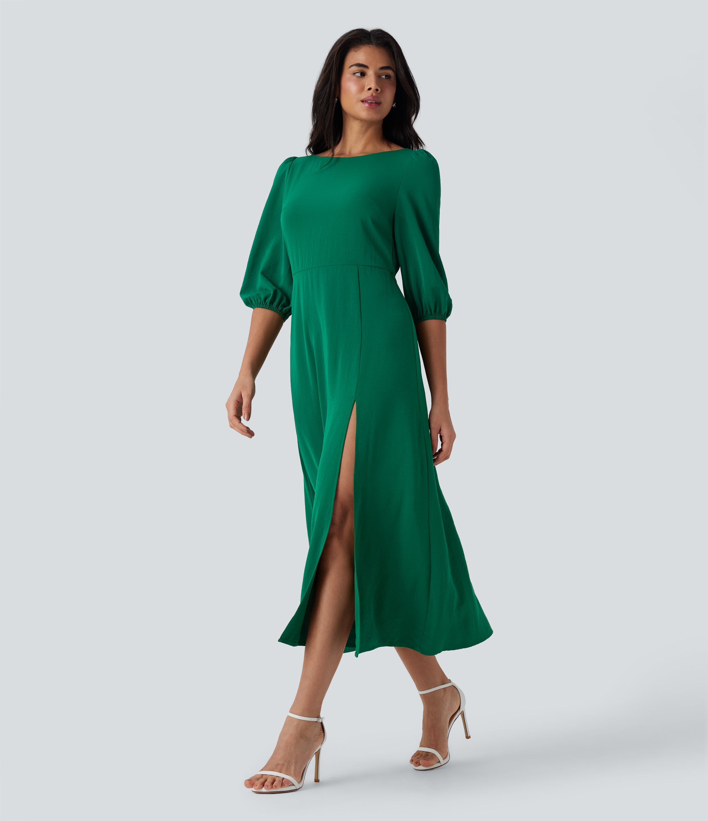 Tie Back Zipper Puff Sleeve Dress