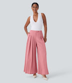 High Waisted Linen-Feel Work Wide Leg Pants with Pockets