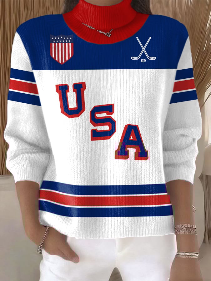 Retro Usa Ice Hockey Print Turtleneck Sweater