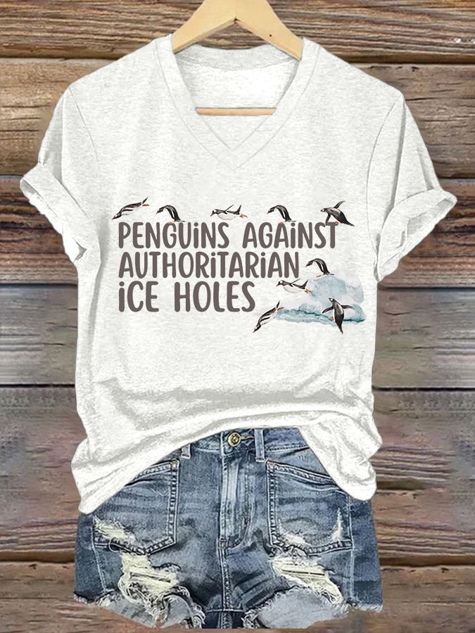 🔥Buy 3 Get 15% Off🔥Women's Penguins Against Authoritarian Ice Holes Printed V Neck T-shirt