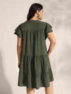 Embroidered Neckline A-Line Ruffled Knee-Length Dress