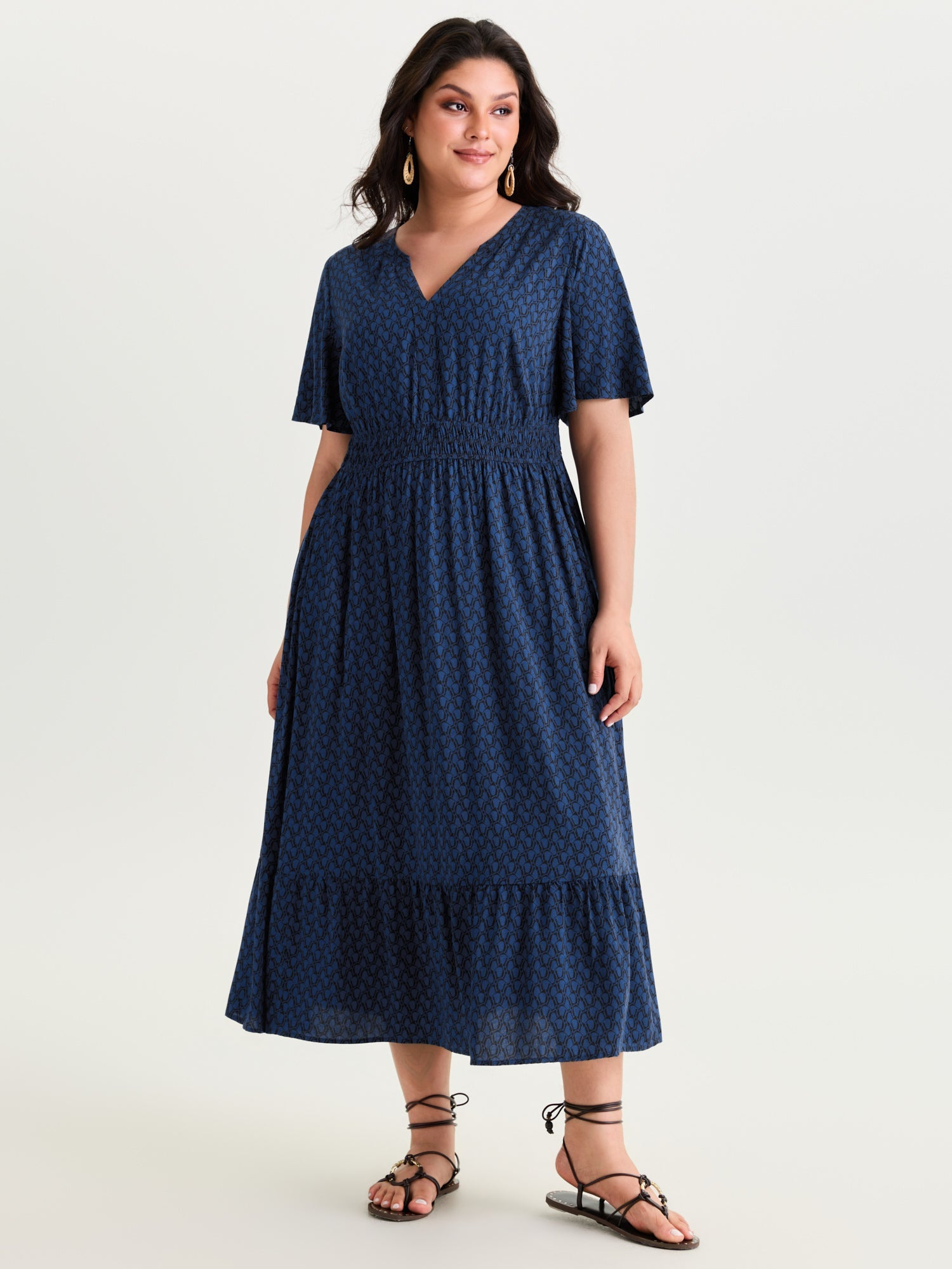 Geometric Print Waist-Cinched Tiered Midi Dress