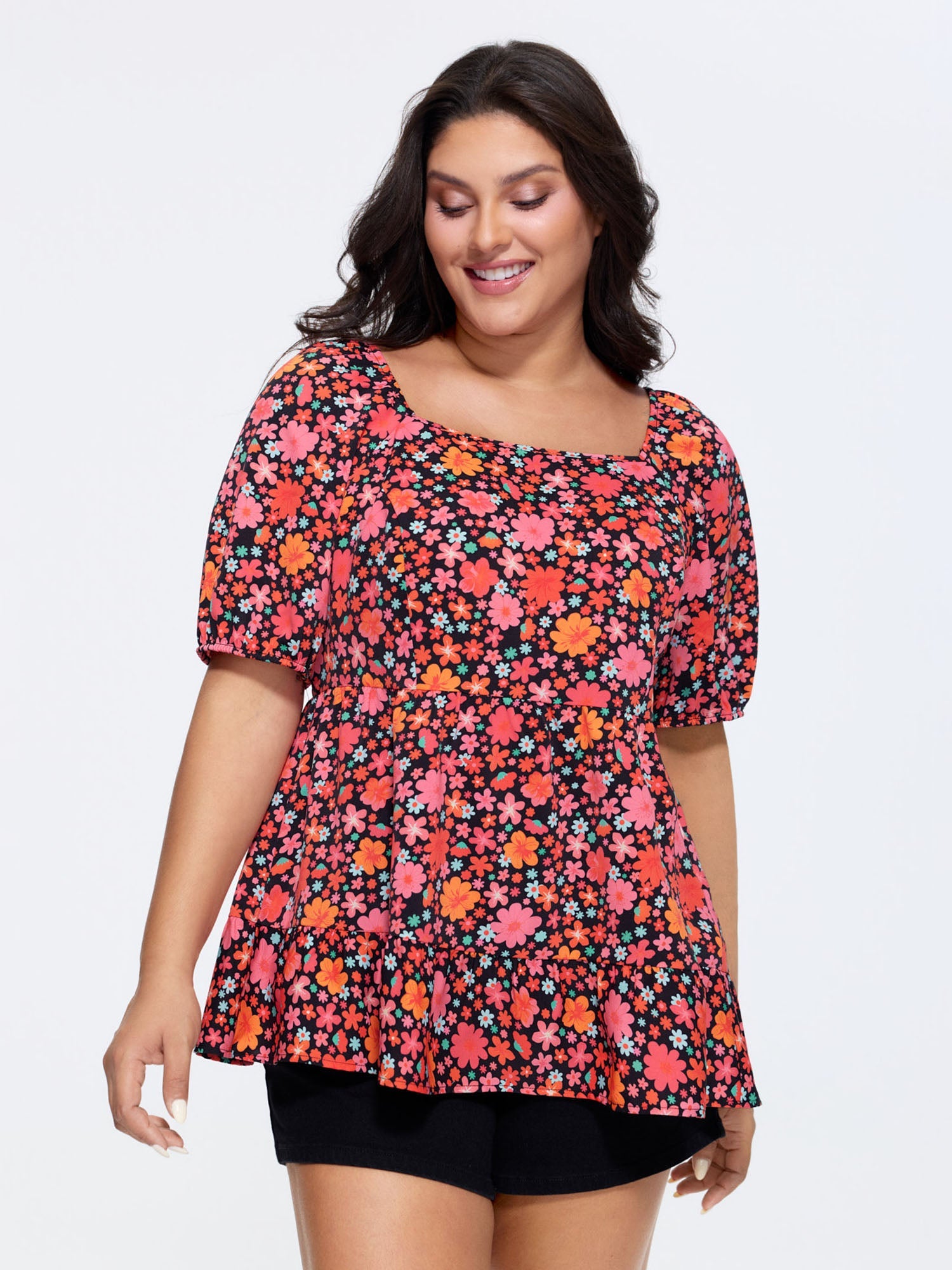 Floral Square Neck Fit and Flare Blouse