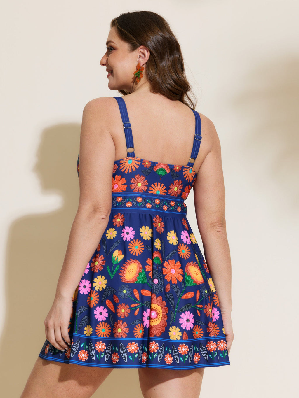 Floral Surplice Neckline Pockets Swim Dress