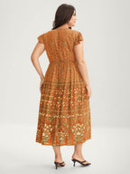 Rayon Garden Fresh Ruffled Sleeve Midi Dress