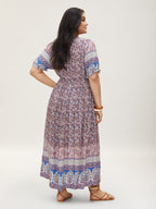 Boho Print Notched Ties Tassel Trim Dress