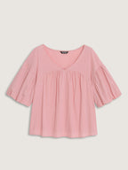 Cotton Striped V-Neck Bubble Sleeve Blouse