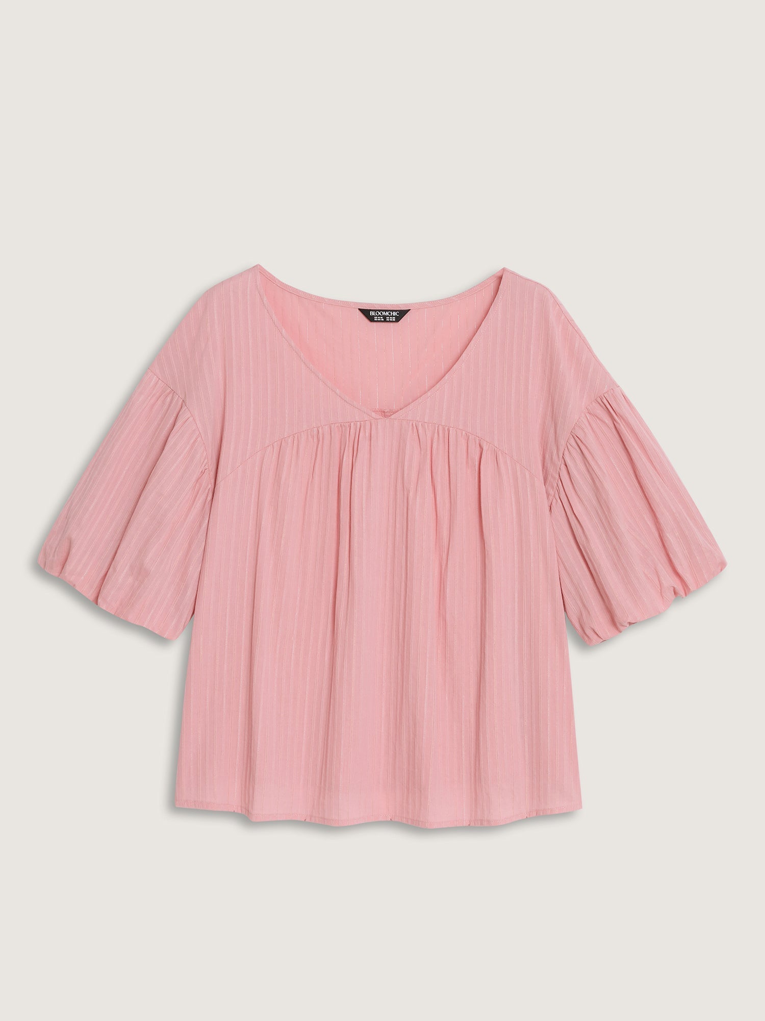 Cotton Striped V-Neck Bubble Sleeve Blouse