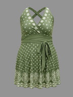 Boho Print Waist-Tie Surplice Neck Swim Dress