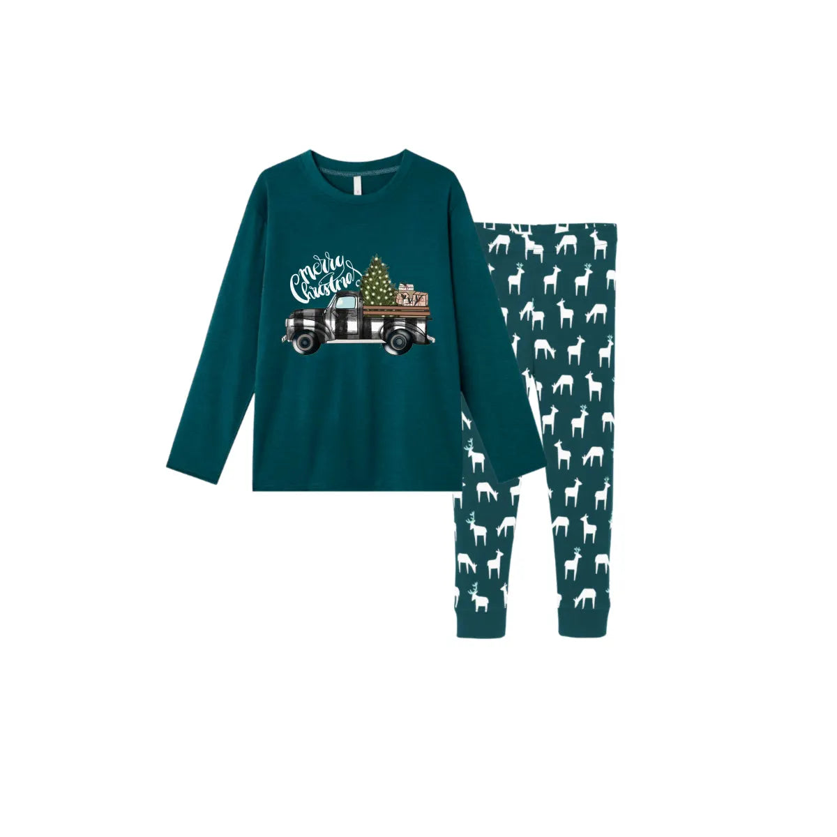 Christmas Family Matching Pajamas-Dark Green&Deer Patterned Pjs Set with "Merry Christmas" and Car Pattern Print